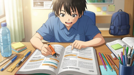 大事な箇所を蛍光マーカーで線を引く男子中学生の画像