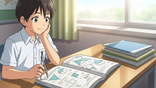 算数の教科書を見ながらコンパスで描く男子小学生の画像